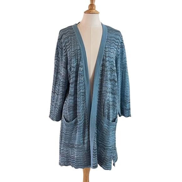 Isaac Mizrahi Live! Cotton Blend Blue Wavy Chevron Print Long Open Cardigan XL - Picture 1 of 12